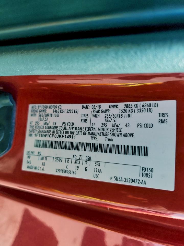 2018 Ford F150 Supercrew VIN: 1FTEW1CP0JKF14911 Lot: 94747375