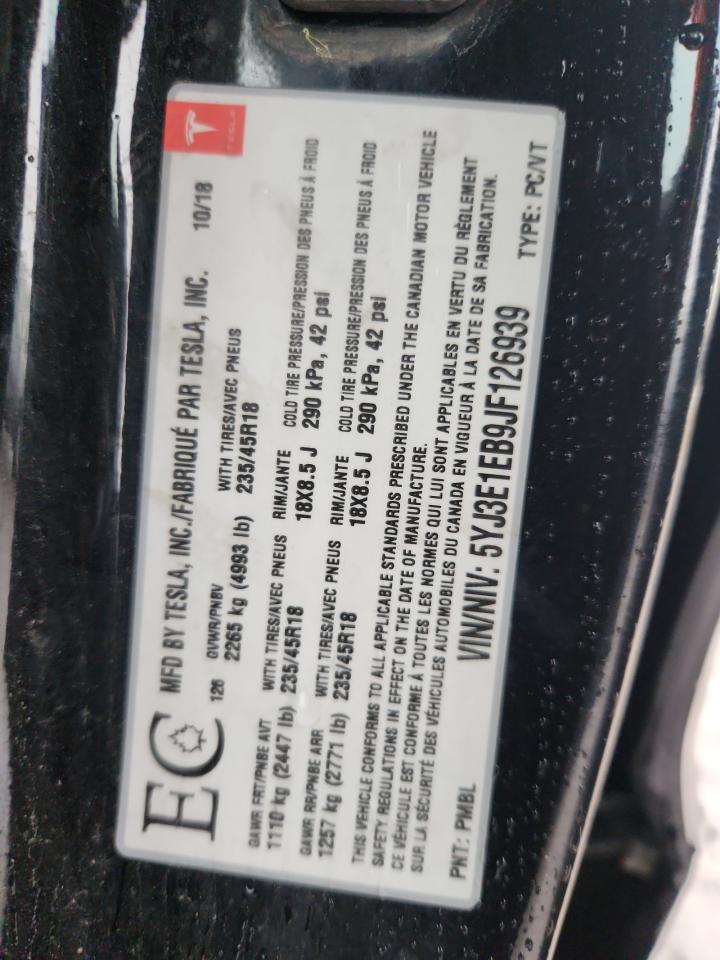 2018 Tesla Model 3 VIN: 5YJ3E1EB9JF126939 Lot: 92847455