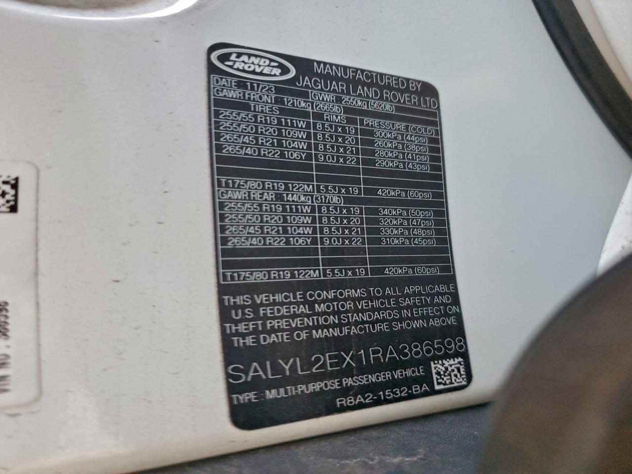 2024 Land Rover Range Rover Velar Dynamic Se VIN: SALYL2EX1RA386598 Lot: 94251155