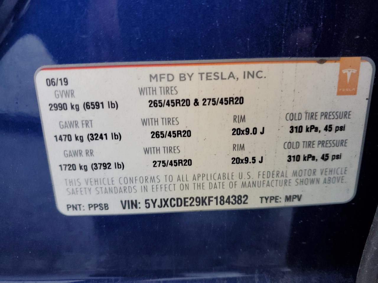 2019 Tesla Model X VIN: 5YJXCDE29KF184382 Lot: 92929015