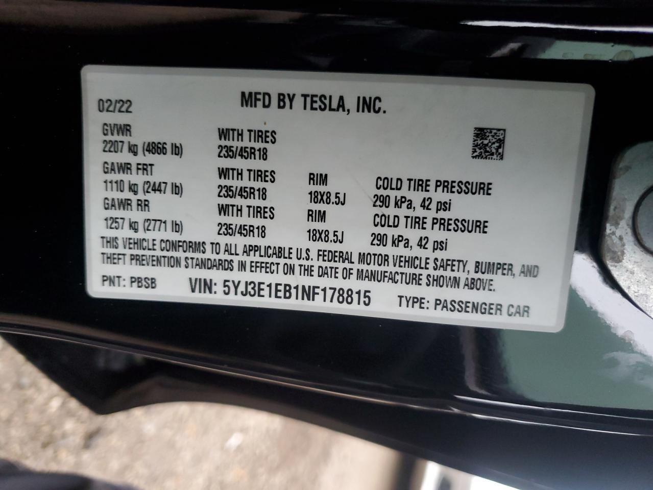 2022 Tesla Model 3 VIN: 5YJ3E1EB1NF178815 Lot: 93233915