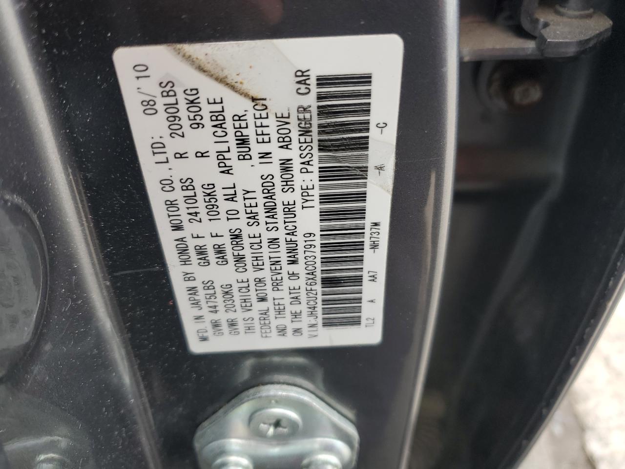 2010 Acura Tsx VIN: JH4CU2F6XAC037919 Lot: 92097475