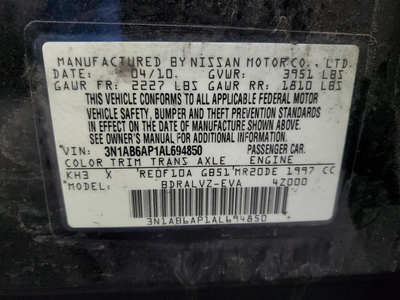 2010 Nissan Sentra 2.0 VIN: 3N1AB6AP1AL694850 Lot: 92175595