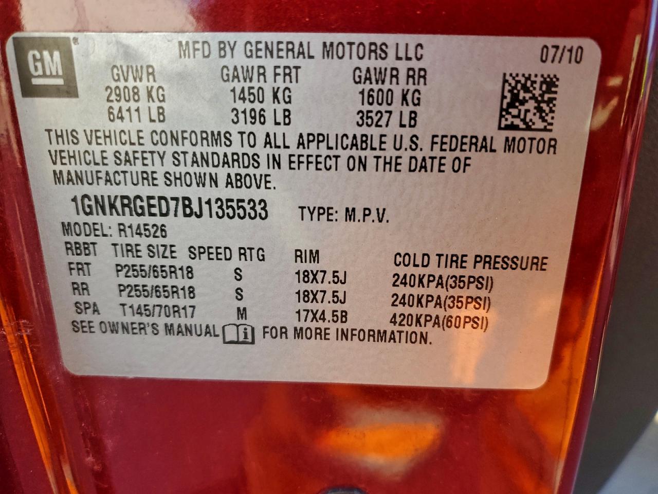 2011 Chevrolet Traverse Lt VIN: 1GNKRGED7BJ135533 Lot: 94661785