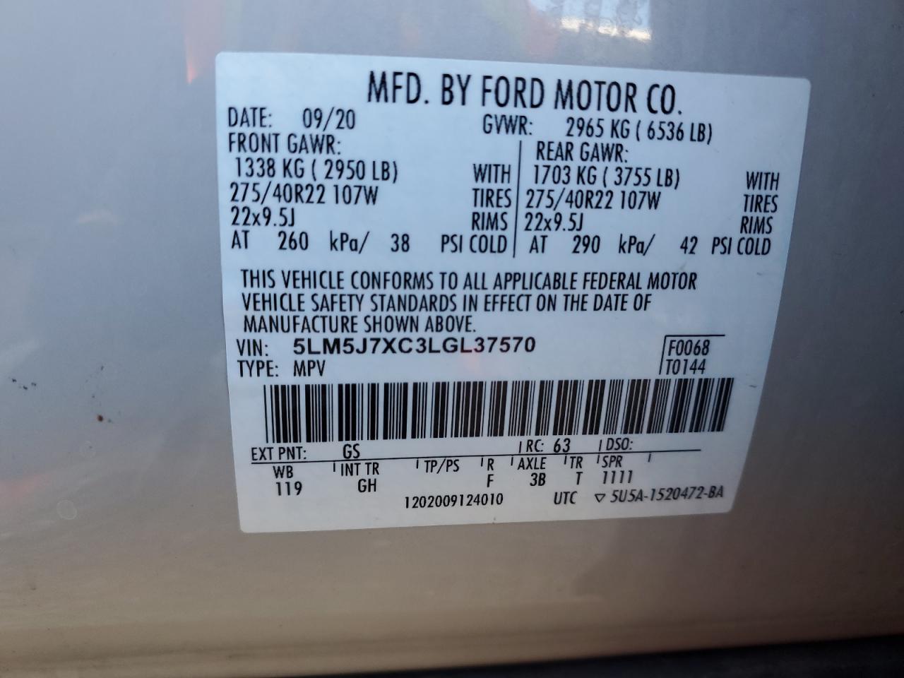 2020 Lincoln Aviator Reserve VIN: 5LM5J7XC3LGL37570 Lot: 93414385