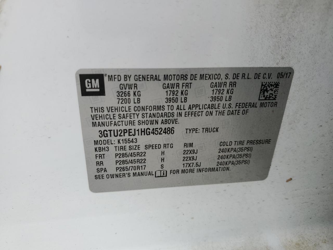 2017 GMC Sierra K1500 Denali VIN: 3GTU2PEJ1HG452486 Lot: 92853595