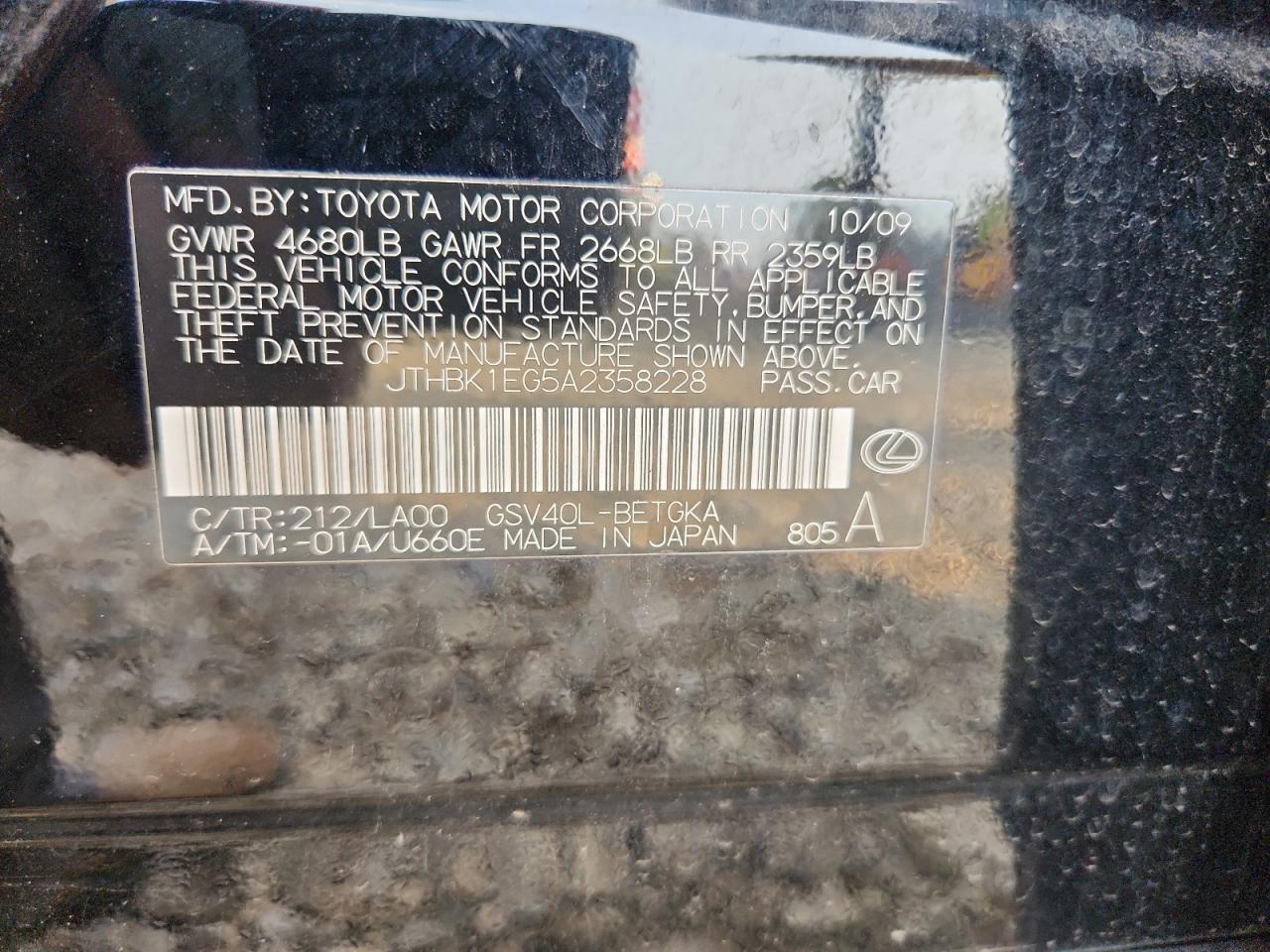 2010 Lexus Es 350 VIN: JTHBK1EG5A2358228 Lot: 93730815