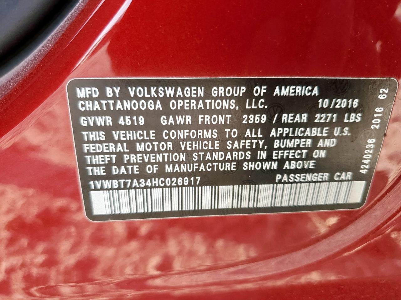 2017 Volkswagen Passat Se VIN: 1VWBT7A34HC026917 Lot: 91730885