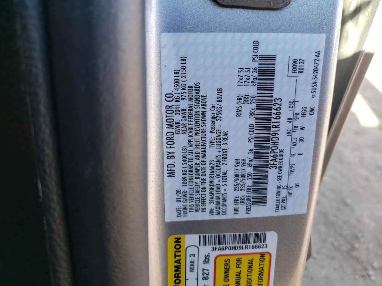 2020 Ford Fusion Se VIN: 3FA6P0HD9LR166623 Lot: 92808255