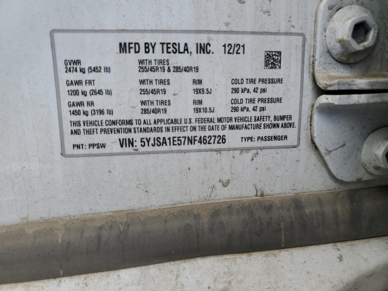 2022 Tesla Model S VIN: 5YJSA1E57NF462726 Lot: 92325375