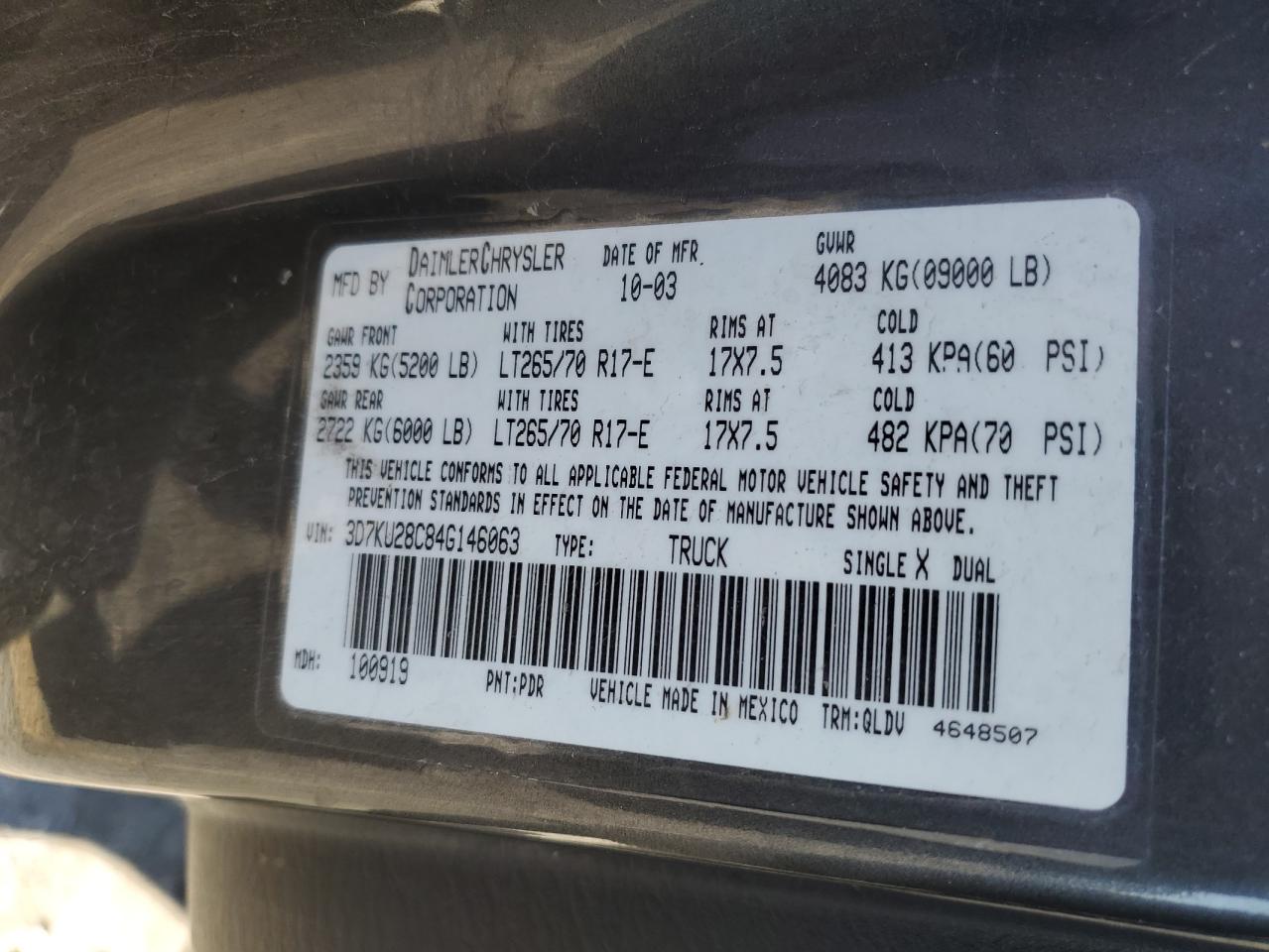 2004 Dodge Ram 2500 St VIN: 3D7KU28C84G146063 Lot: 93758575