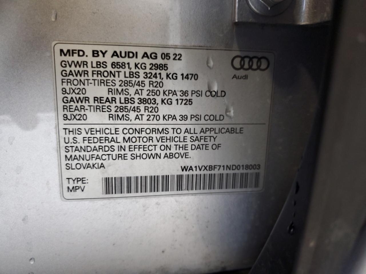 2022 Audi Q7 Prestige VIN: WA1VXBF71ND018003 Lot: 93098375