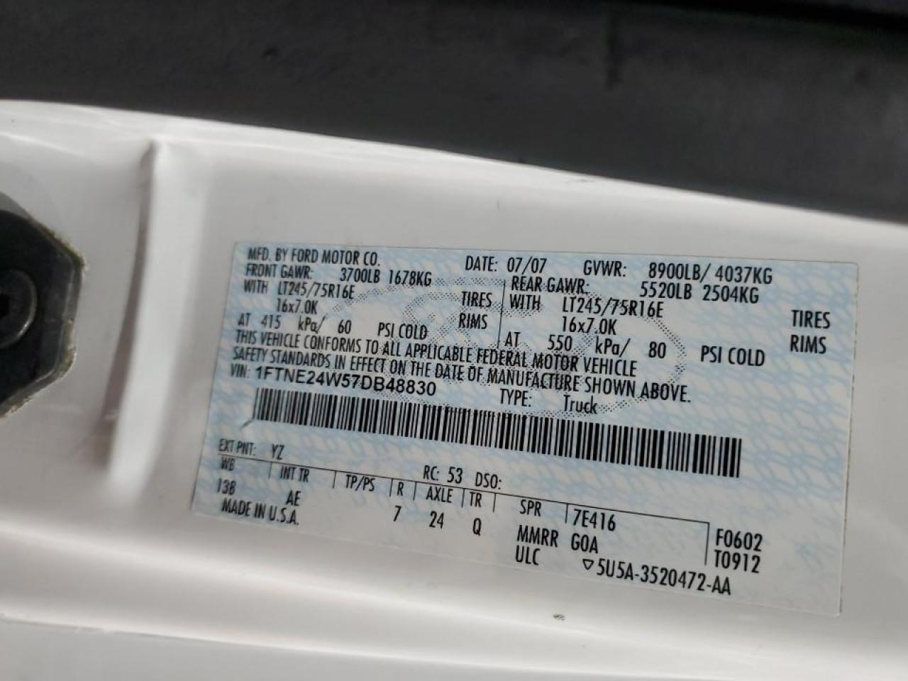 2007 Ford E250 Delivery Van VIN: 1FTNE24W57DB48830 Lot: 92032395