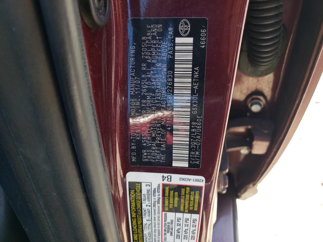 2008 Toyota Avalon Xl VIN: 4T1BK36B88U276830 Lot: 92514375