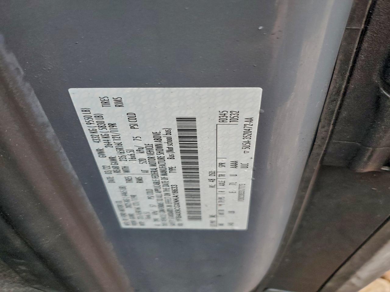 2022 Ford Transit T-350 VIN: 1FBAX9CGXNKA18633 Lot: 93316125