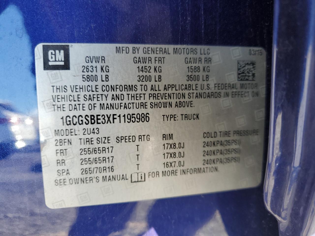 2015 Chevrolet Colorado Lt VIN: 1GCGSBE3XF1195986 Lot: 93496745