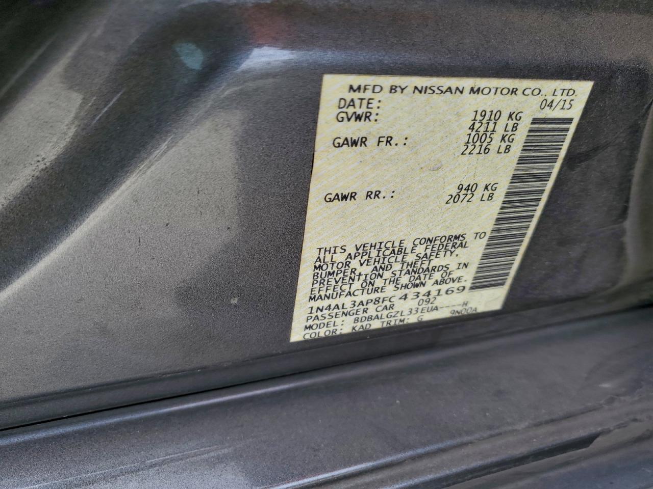 2015 Nissan Altima 2.5 VIN: 1N4AL3AP8FC434169 Lot: 94321945