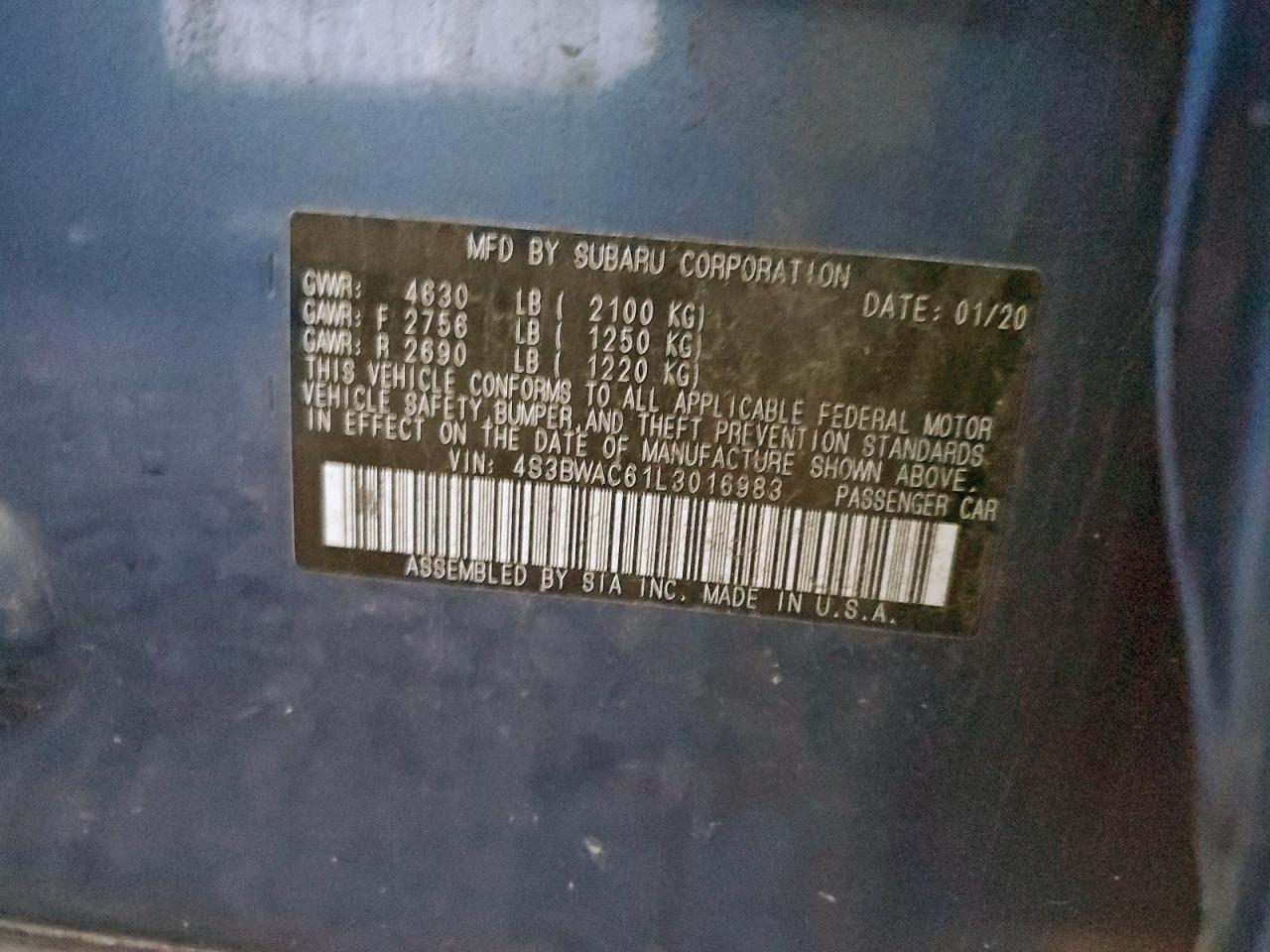 2020 Subaru Legacy Premium VIN: 4S3BWAC61L3016983 Lot: 93806735