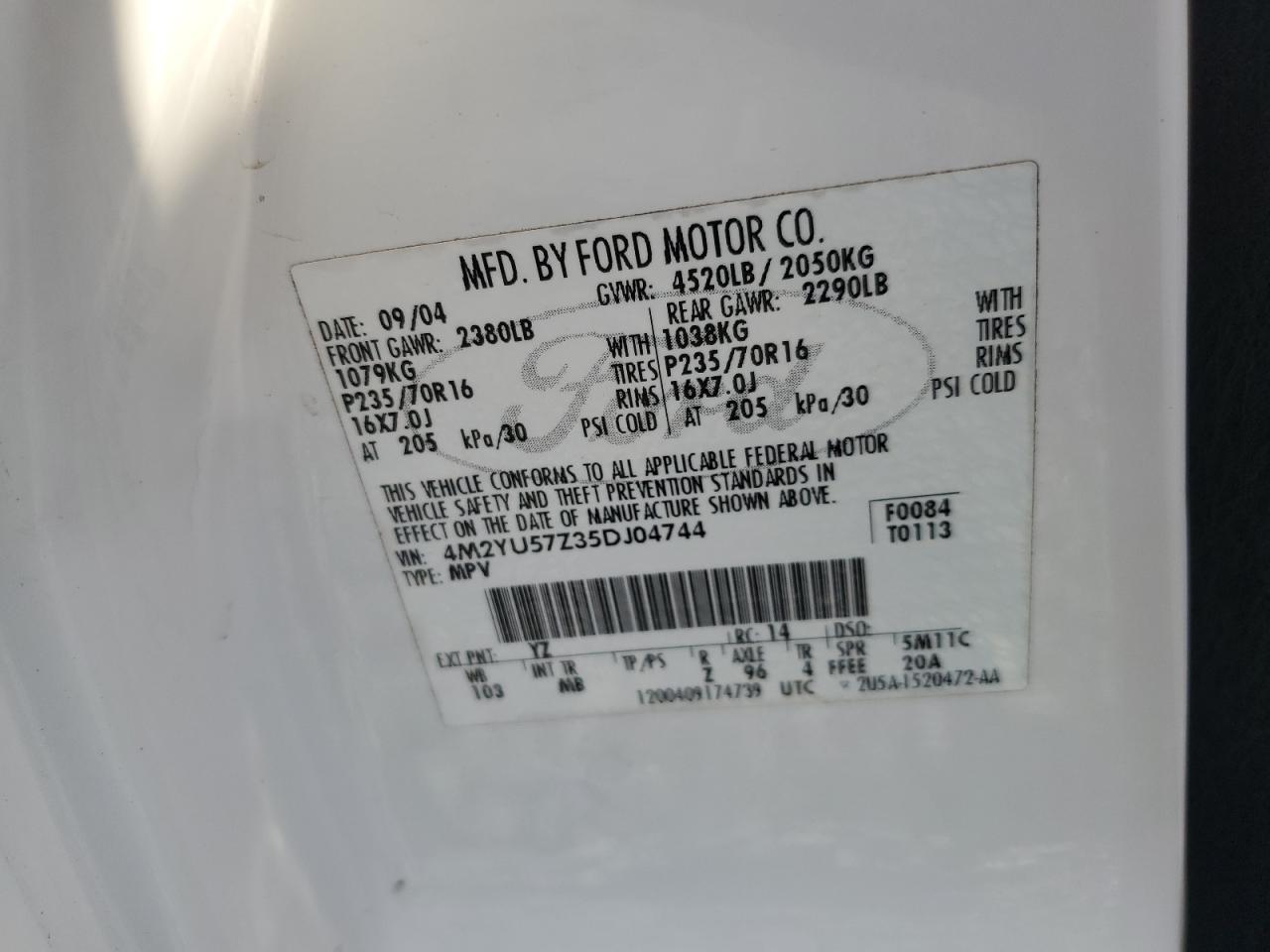 2005 Mercury Mariner VIN: 4M2YU57Z35DJ04744 Lot: 92084455