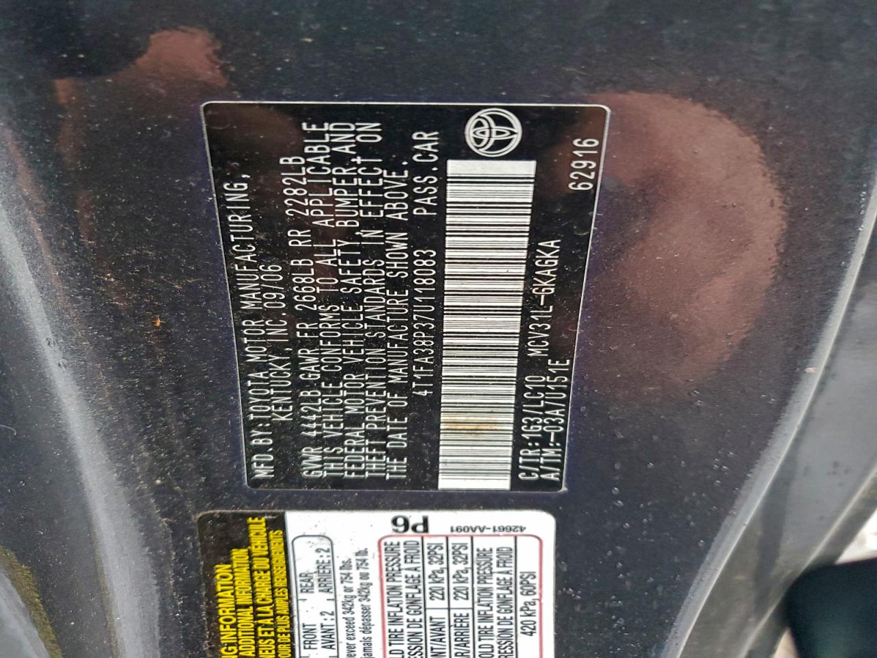 2007 Toyota Camry Solara Se VIN: 4T1FA38P37U118083 Lot: 94260855