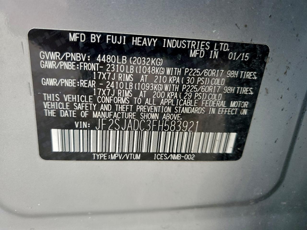 2015 Subaru Forester 2.5I Premium VIN: JF2SJADC3FH583921 Lot: 93831605