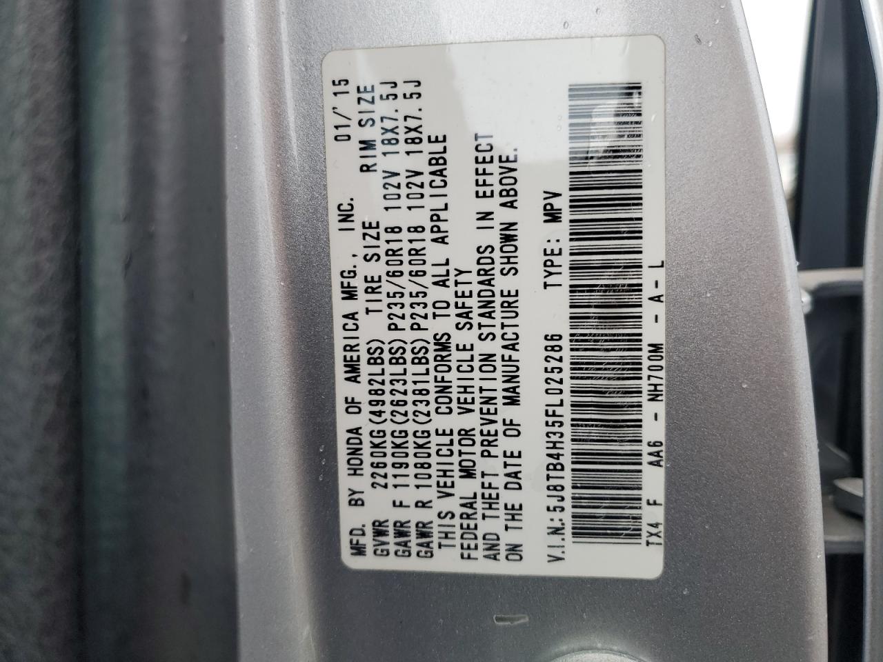 2015 Acura Rdx VIN: 5J8TB4H35FL025286 Lot: 93461405