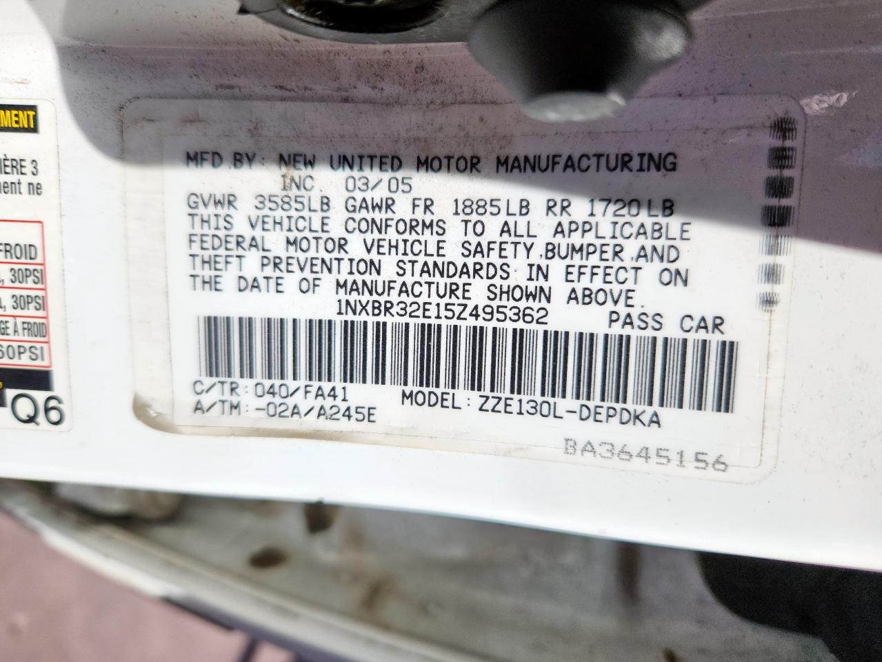 2005 Toyota Corolla Ce VIN: 1NXBR32E15Z495362 Lot: 90718205