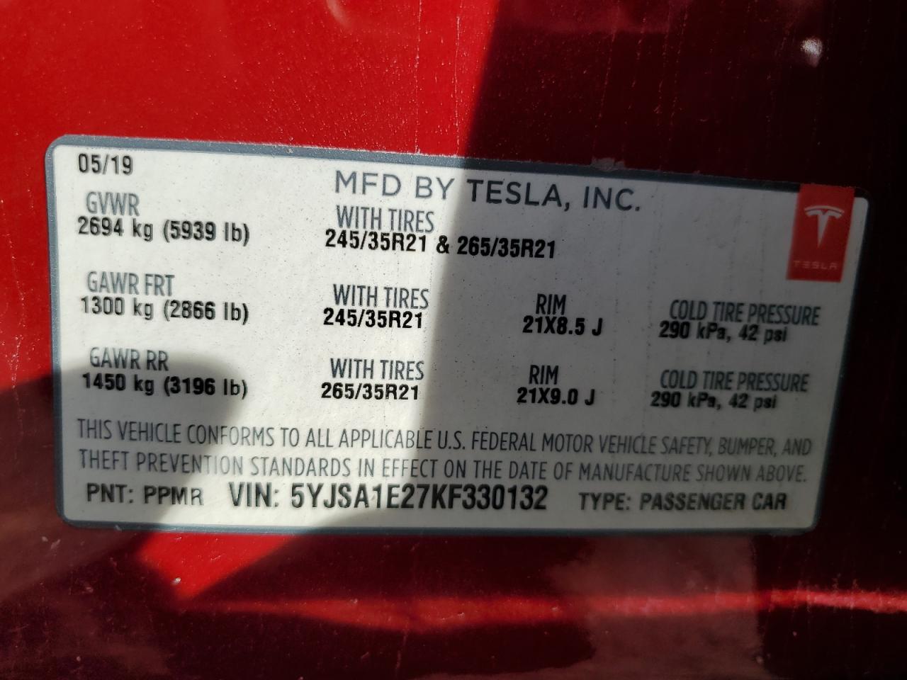 2019 Tesla Model S VIN: 5YJSA1E27KF330132 Lot: 93153355