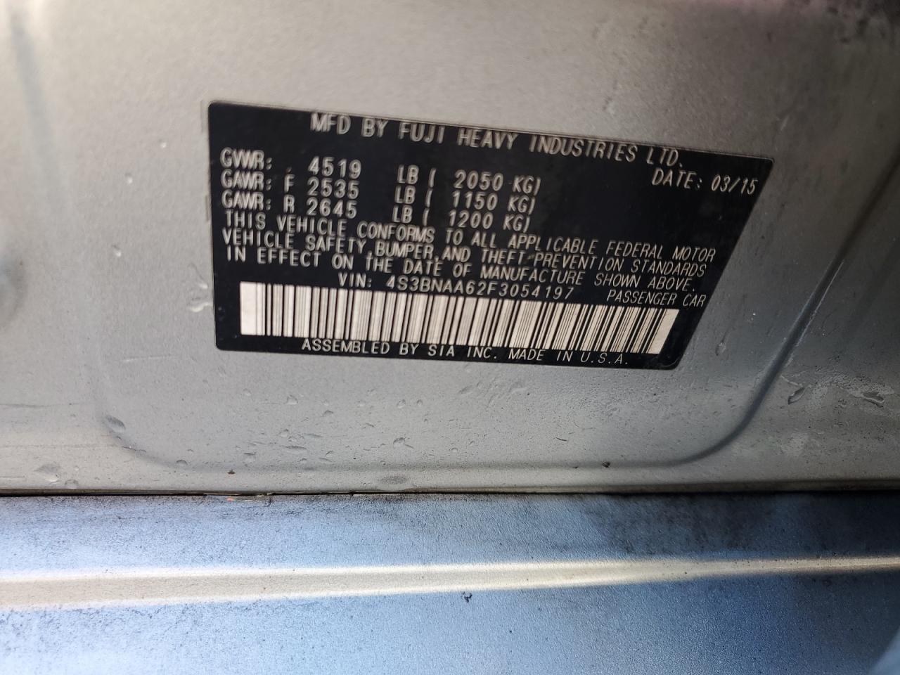 2015 Subaru Legacy 2.5I VIN: 4S3BNAA62F3054197 Lot: 90632365