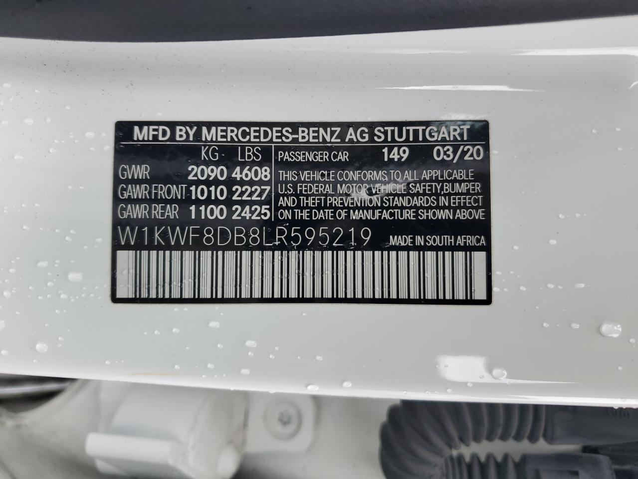 2020 Mercedes-Benz C 300 VIN: W1KWF8DB8LR595219 Lot: 93829915