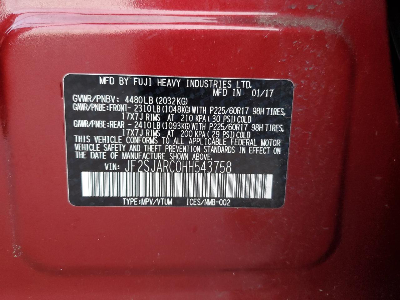 2017 Subaru Forester 2.5I Limited VIN: JF2SJARC0HH543758 Lot: 92370305