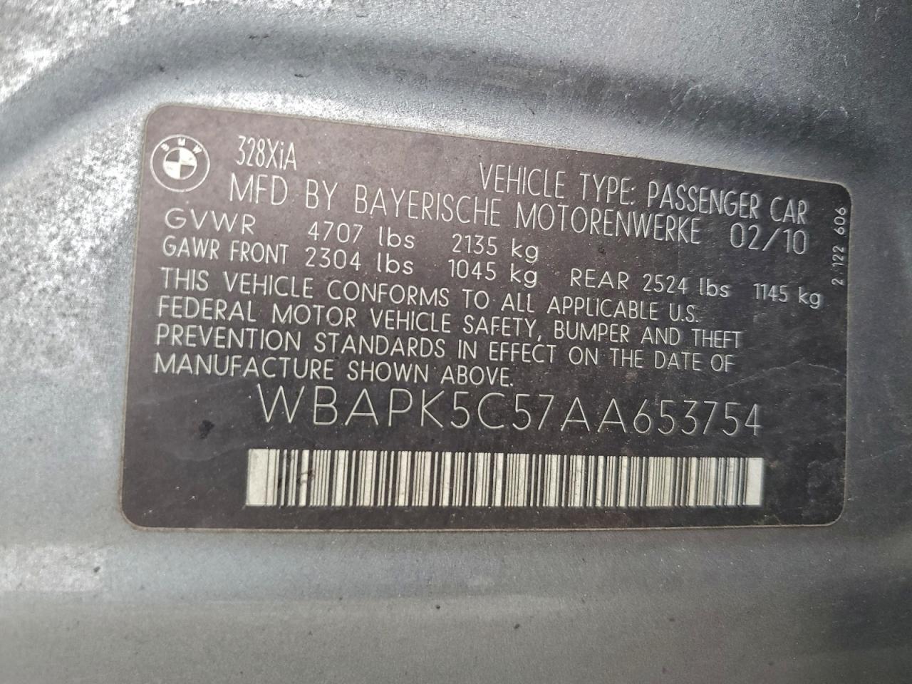 2010 BMW 328 Xi Sulev VIN: WBAPK5C57AA653754 Lot: 93505935