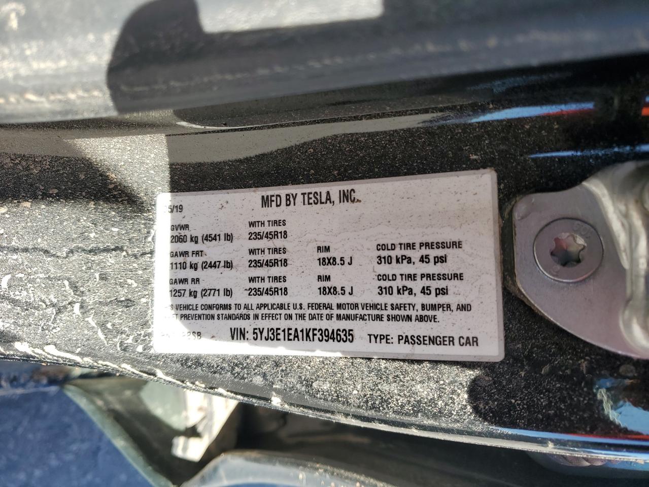 2019 Tesla Model 3 VIN: 5YJ3E1EA1KF394635 Lot: 92506995
