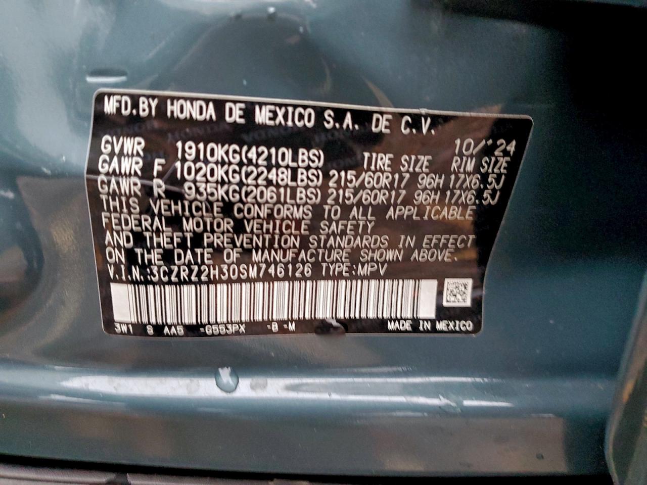 2025 Honda Hr-V Lx VIN: 3CZRZ2H30SM746126 Lot: 94544305