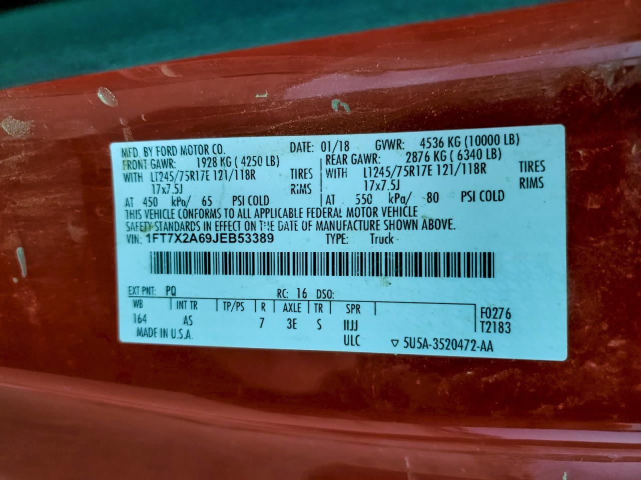 2018 Ford F250 Super Duty VIN: 1FT7X2A69JEB53389 Lot: 94096935