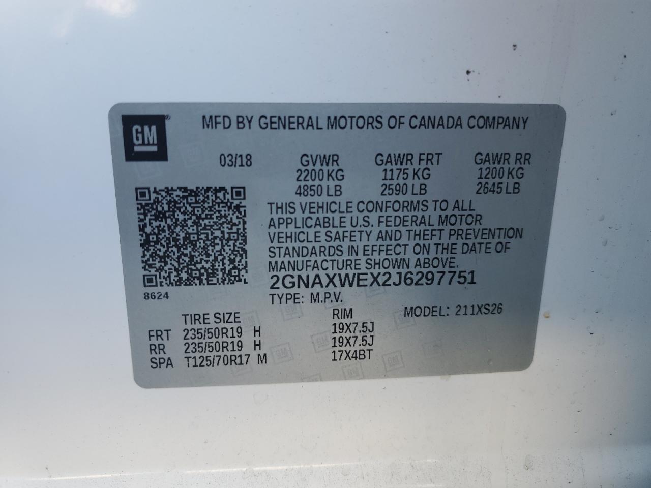 2018 Chevrolet Equinox Premier VIN: 2GNAXWEX2J6297751 Lot: 92178385