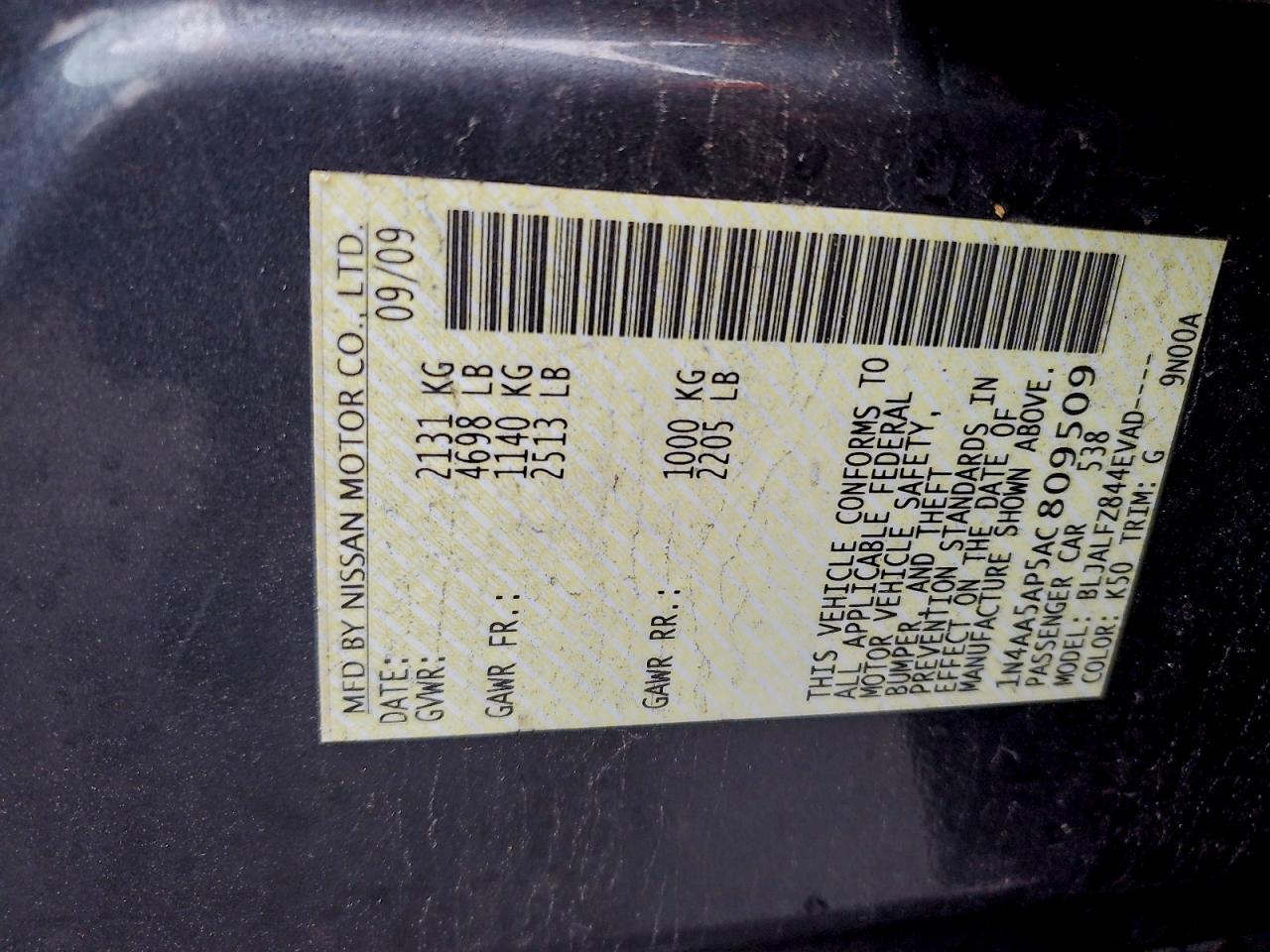 2010 Nissan Maxima S VIN: 1N4AA5AP5AC809509 Lot: 94561715