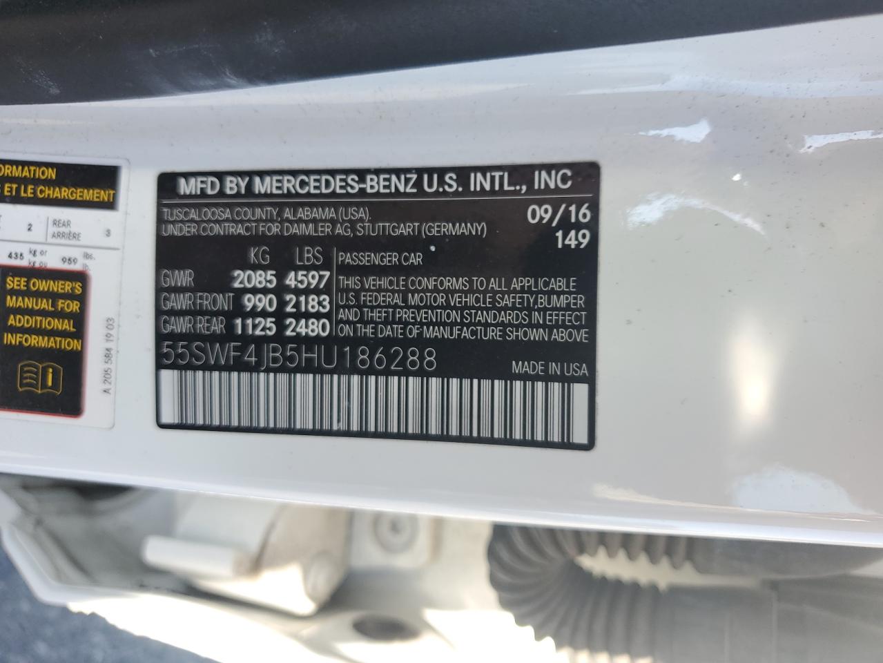2017 Mercedes-Benz C 300 VIN: 55SWF4JB5HU186288 Lot: 90589405