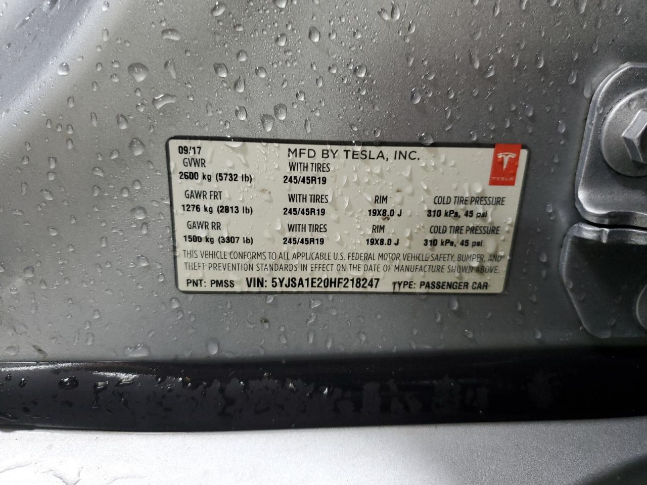 2017 Tesla Model S VIN: 5YJSA1E20HF218247 Lot: 93370275