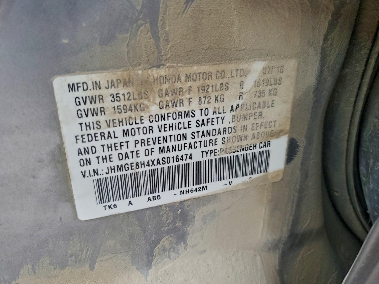 2010 Honda Fit Sport VIN: JHMGE8H4XAS016474 Lot: 93239965