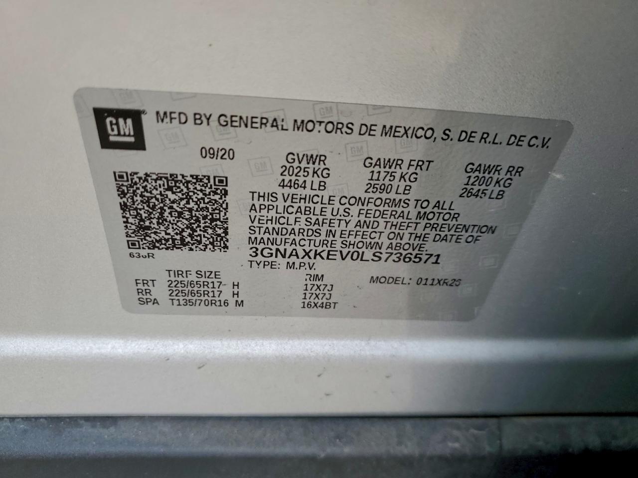 2020 Chevrolet Equinox Lt VIN: 3GNAXKEV0LS736571 Lot: 94077005