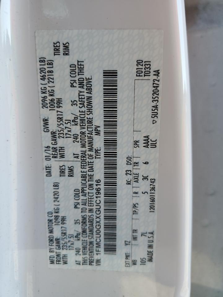 2016 Ford Escape Se VIN: 1FMCU0GXXGUC19616 Lot: 92237015