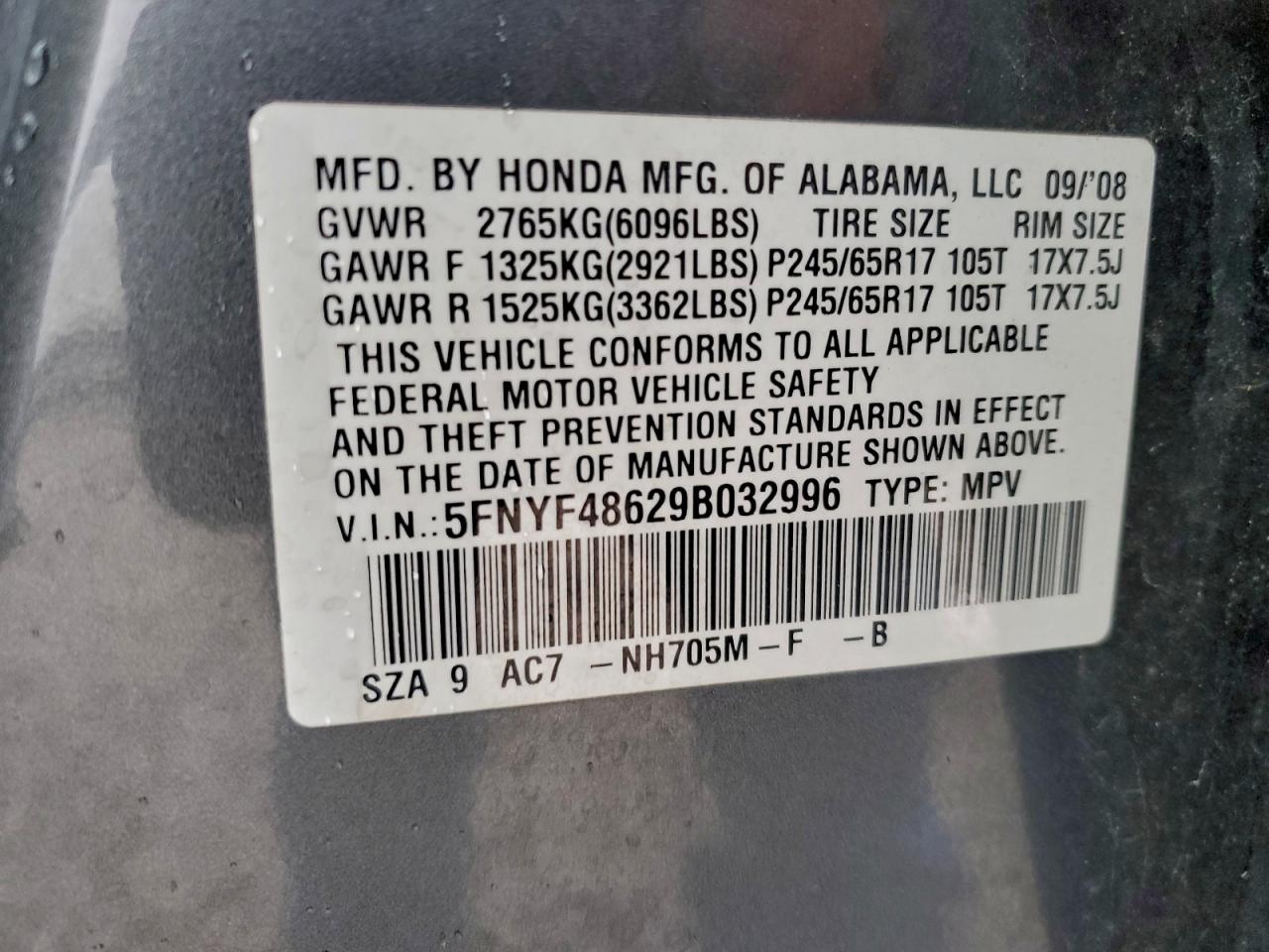 2009 Honda Pilot Exl VIN: 5FNYF48629B032996 Lot: 93490915