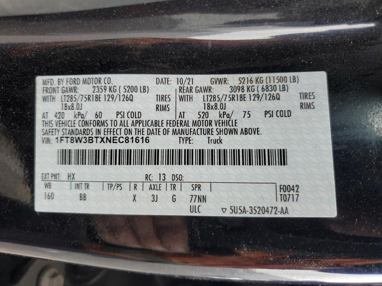 2022 Ford F350 Super Duty VIN: 1FT8W3BTXNEC81616 Lot: 92244805