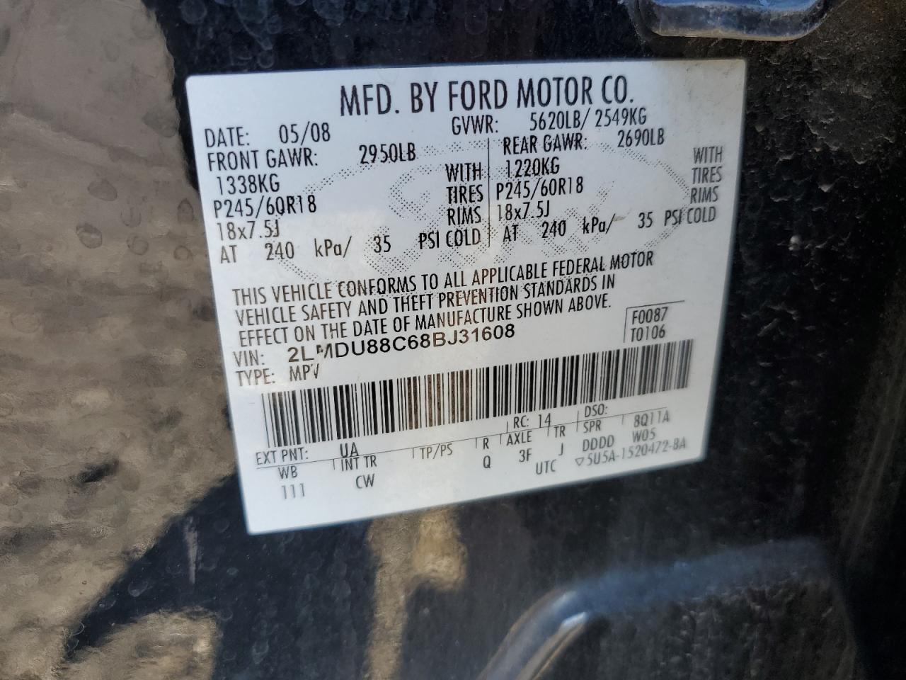 2008 Lincoln Mkx VIN: 2LMDU88C68BJ31608 Lot: 91677245