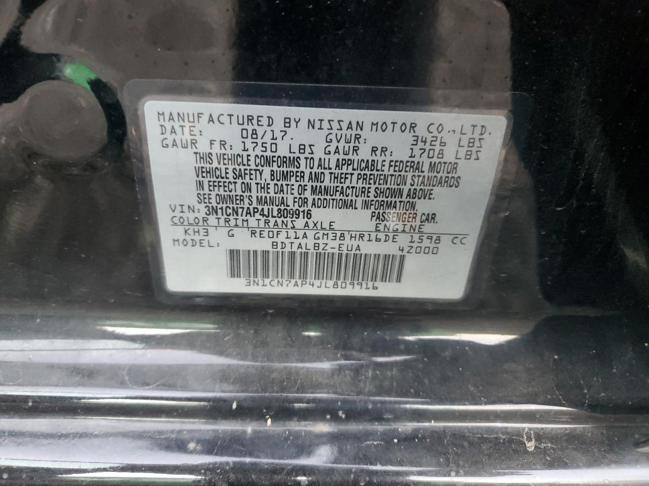 2018 Nissan Versa S VIN: 3N1CN7AP4JL809916 Lot: 93520535