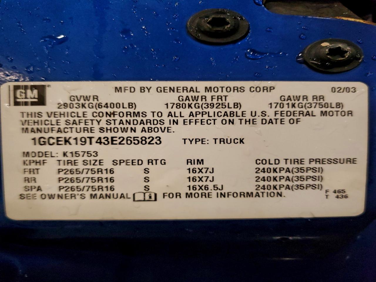 2003 Chevrolet Silverado K1500 VIN: 1GCEK19T43E265823 Lot: 93740905