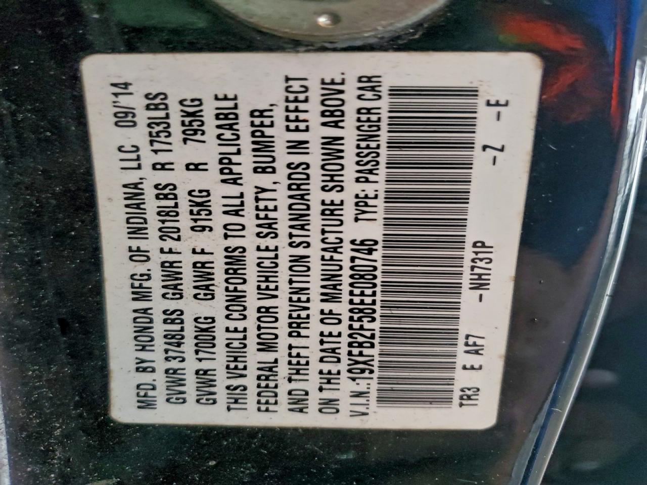 2014 Honda Civic Lx VIN: 19XFB2F58EE080746 Lot: 94116245