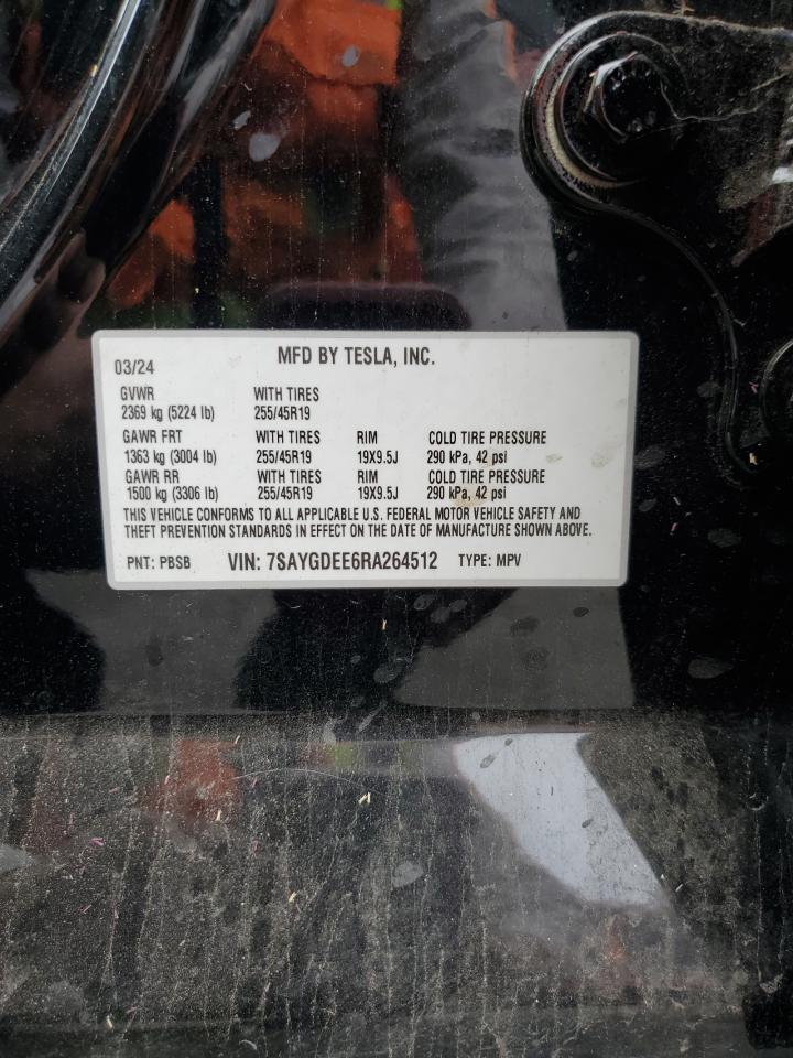 2024 Tesla Model Y VIN: 7SAYGDEE6RA264512 Lot: 90644375