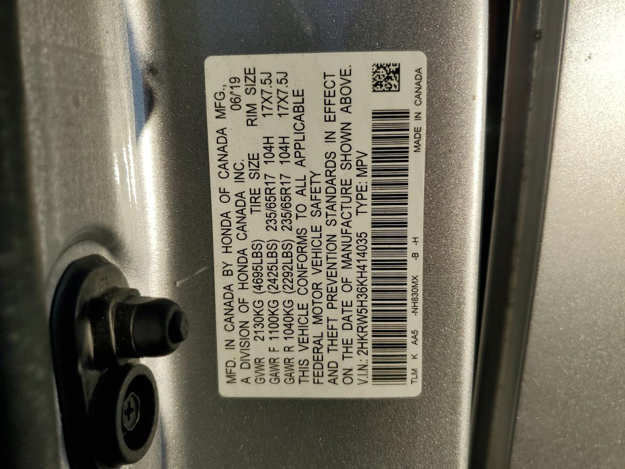 2019 Honda Cr-V Lx VIN: 2HKRW5H36KH414035 Lot: 91172605